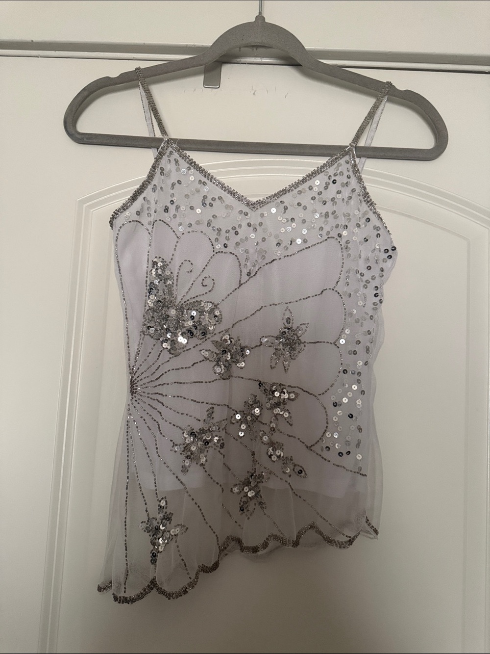 American Vintage Silver Sequin White Sheer Camisole